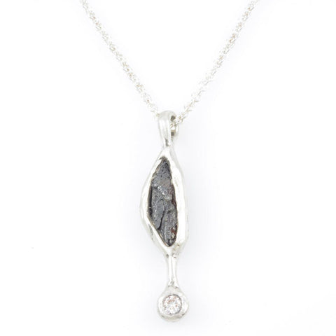 Meteorite and Moissanite Drop Pendant in Sterling Silver - Ready to Ship - Beth Cyr Handmade Jewelry