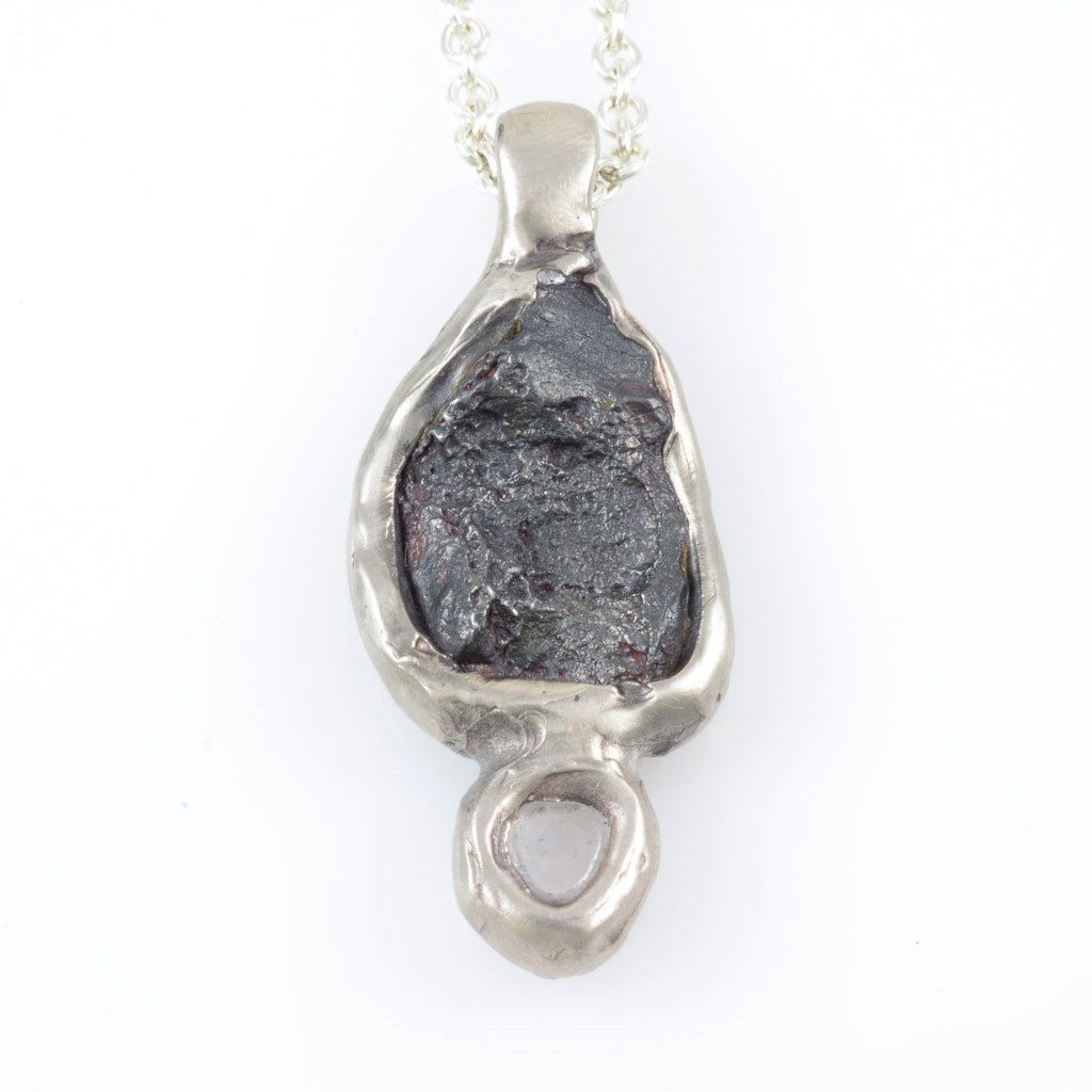 Meteorite and Rough Montana Sapphire in Palladium/Silver Alloy - Ready to Ship - Beth Cyr Handmade Jewelry