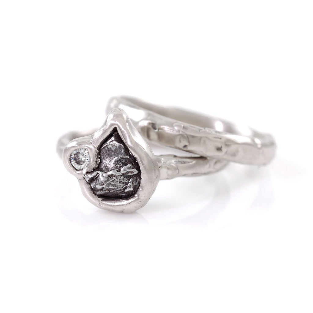 Meteorite Ring with Moissanite in Palladium/Silver - size 6 - Ready to Ship - Beth Cyr Handmade Jewelry