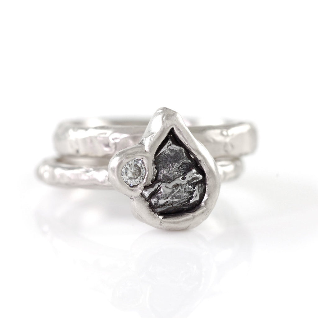 Meteorite Ring with Moissanite in Palladium/Silver - size 6 - Ready to Ship - Beth Cyr Handmade Jewelry