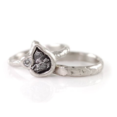 Meteorite Ring with Moissanite in Palladium/Silver - size 6 - Ready to Ship - Beth Cyr Handmade Jewelry