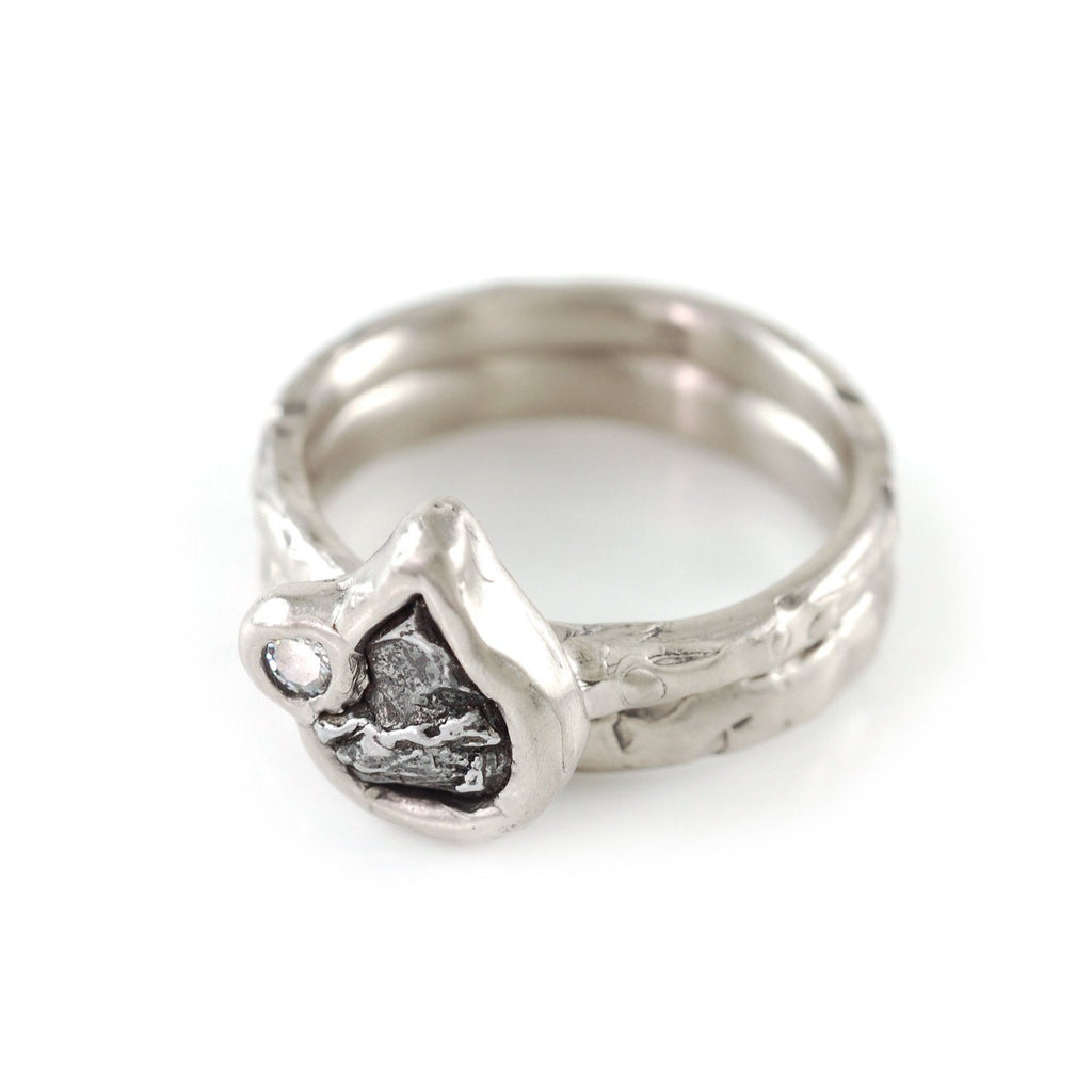 Meteorite Ring with Moissanite in Palladium/Silver - size 6 - Ready to Ship - Beth Cyr Handmade Jewelry