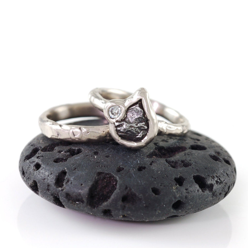 Meteorite Ring with Moissanite in Palladium/Silver - size 6 - Ready to Ship - Beth Cyr Handmade Jewelry