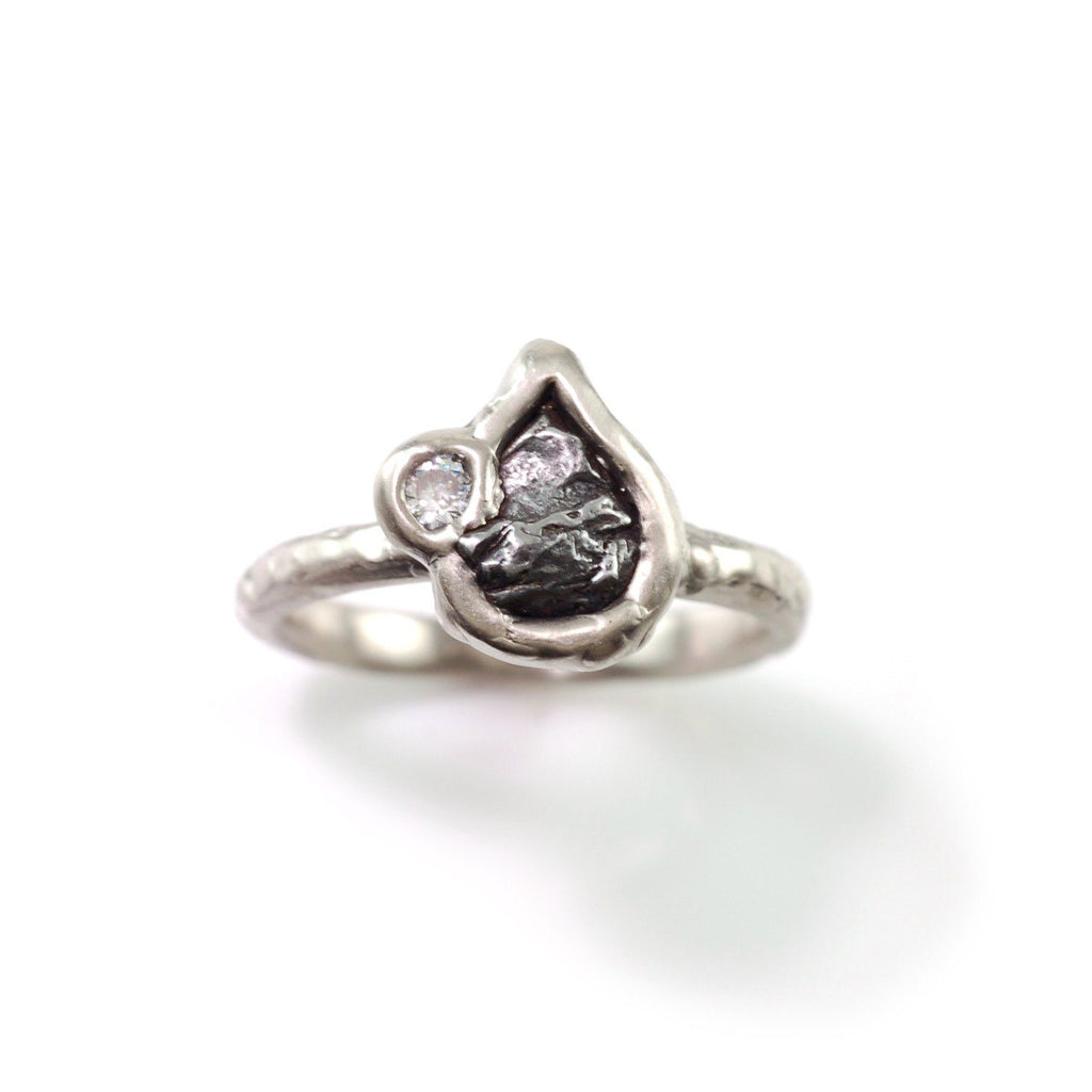 Meteorite Ring with Moissanite in Palladium/Silver - size 6 - Ready to Ship - Beth Cyr Handmade Jewelry