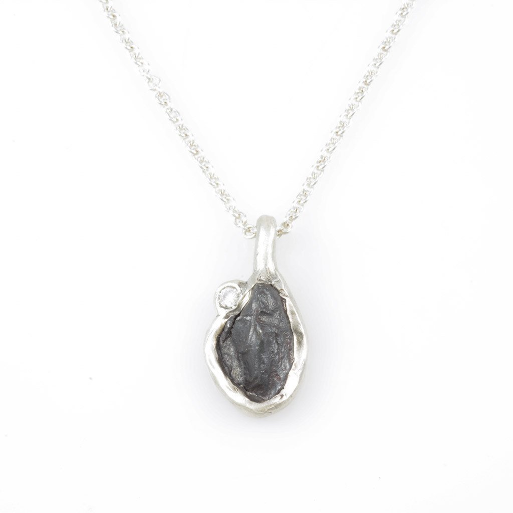 Meteorite and Perched Moissanite Pendant in Sterling Silver - Ready to Ship - Beth Cyr Handmade Jewelry