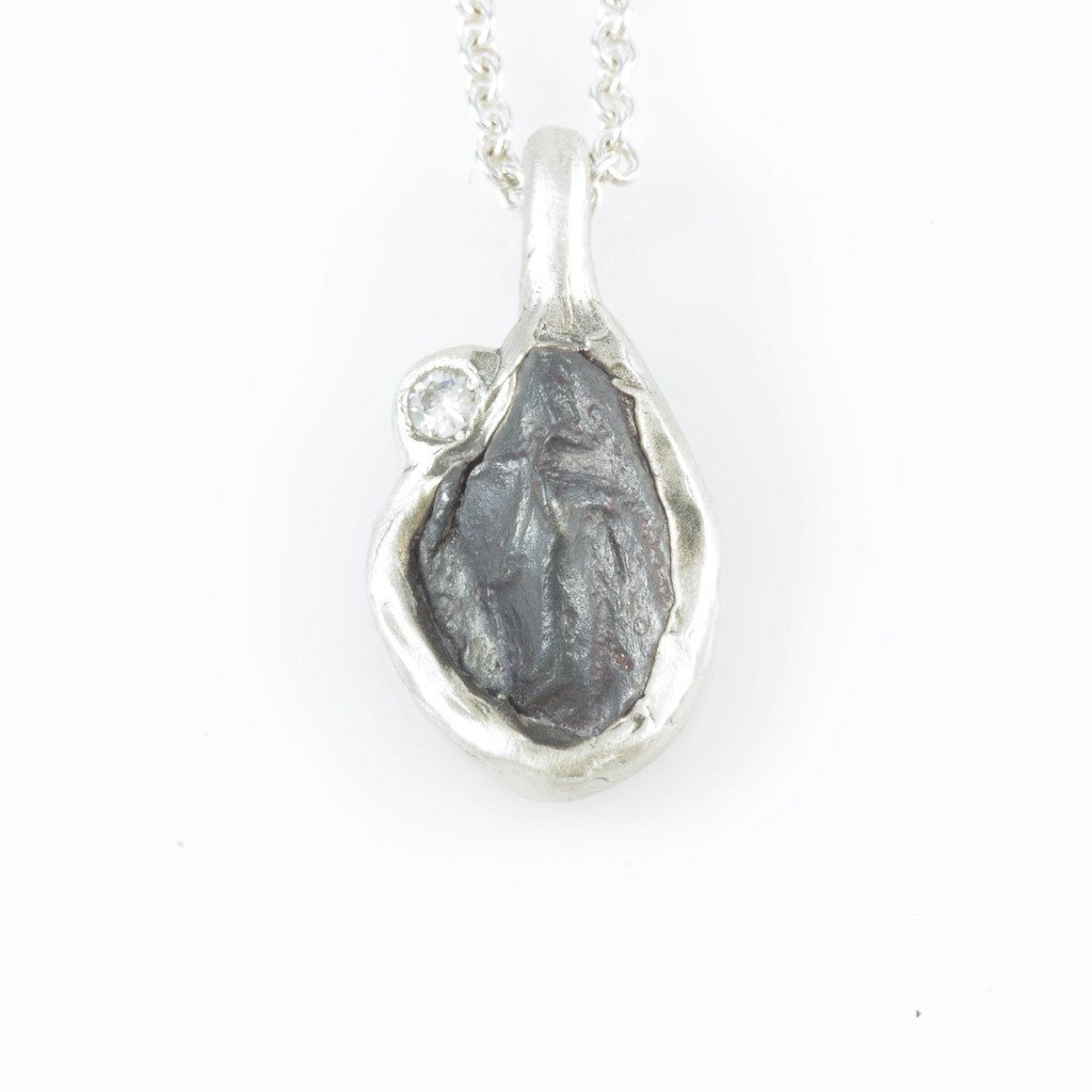 Meteorite and Perched Moissanite Pendant in Sterling Silver - Ready to Ship - Beth Cyr Handmade Jewelry