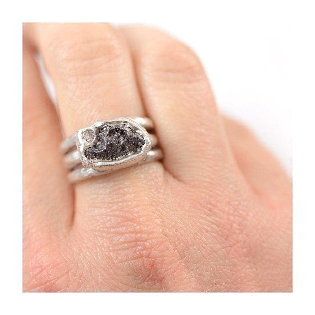 Meteorite and Moissanite Triple Ring in Palladium Sterling Silver - size 6.5 - Ready to Ship - Beth Cyr Handmade Jewelry