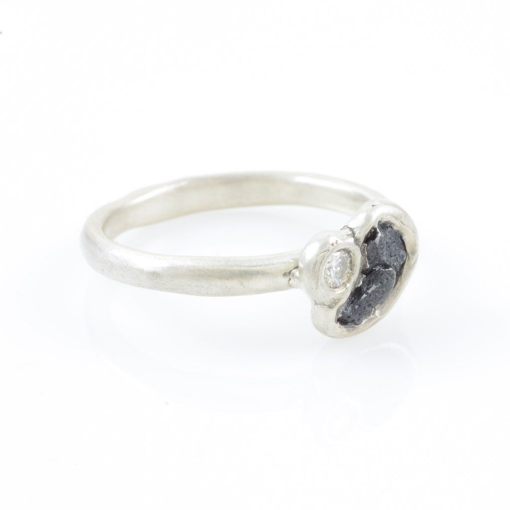 Meteorite Ring with Moissanite in Palladium Sterling Silver - size 6 7/8 - Ready to Ship - Beth Cyr Handmade Jewelry