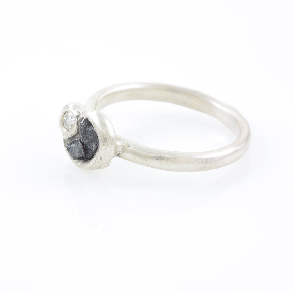 Meteorite Ring with Moissanite in Palladium Sterling Silver - size 6 7/8 - Ready to Ship - Beth Cyr Handmade Jewelry
