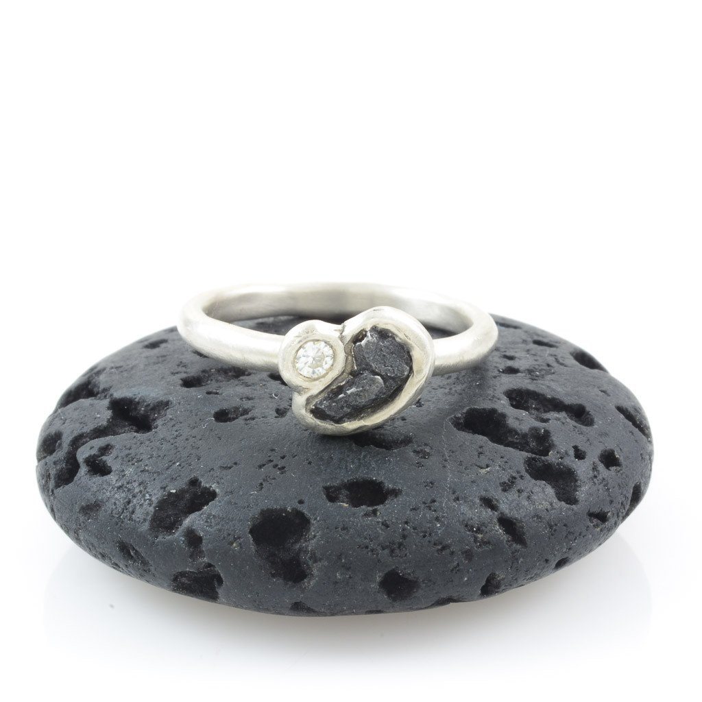 Meteorite Ring with Moissanite in Palladium Sterling Silver - size 6 7/8 - Ready to Ship - Beth Cyr Handmade Jewelry