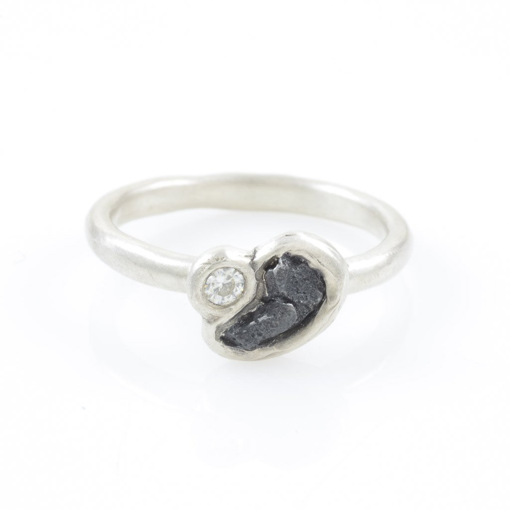 Meteorite Ring with Moissanite in Palladium Sterling Silver - size 6 7/8 - Ready to Ship - Beth Cyr Handmade Jewelry