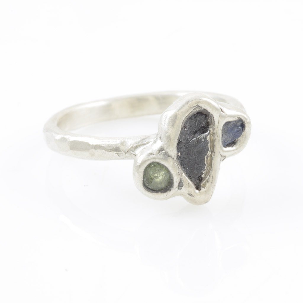 Meteorite Ring with Two Rough Sapphires in Palladium Sterling Silver - size 6.75 - Ready to Ship - Beth Cyr Handmade Jewelry