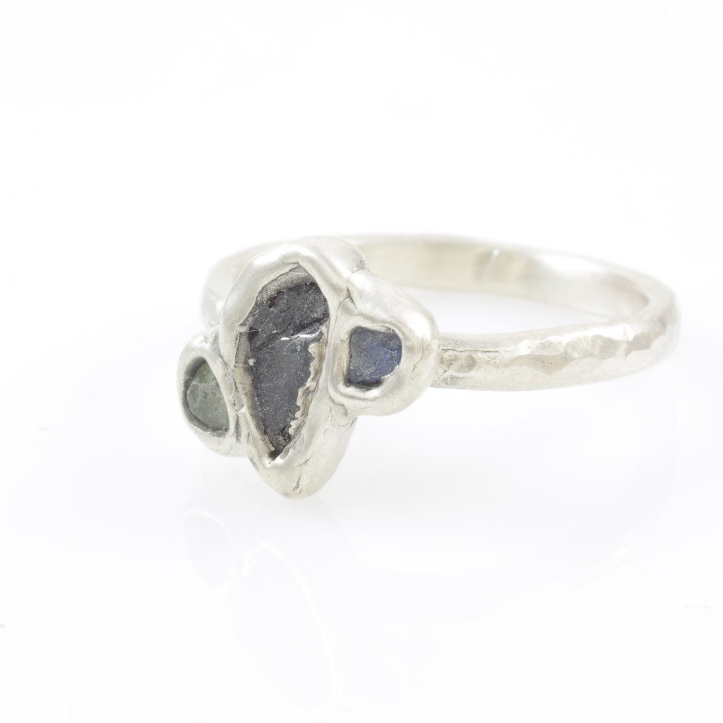 Meteorite Ring with Two Rough Sapphires in Palladium Sterling Silver - size 6.75 - Ready to Ship - Beth Cyr Handmade Jewelry