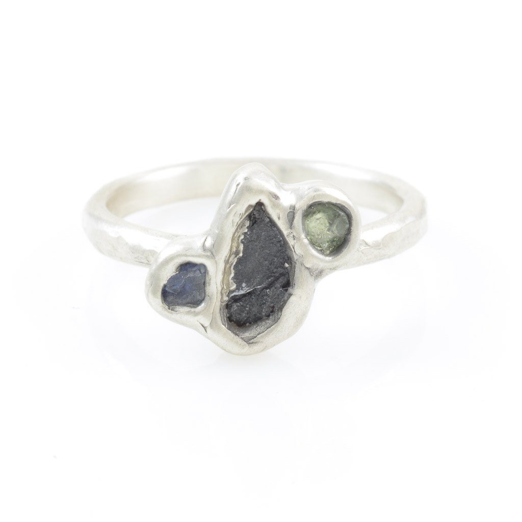 Meteorite Ring with Two Rough Sapphires in Palladium Sterling Silver - size 6.75 - Ready to Ship - Beth Cyr Handmade Jewelry