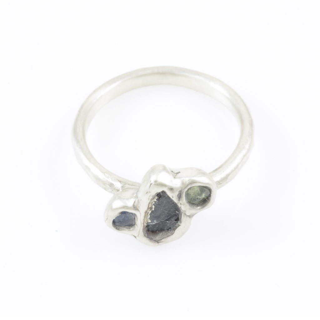 Meteorite Ring with Two Rough Sapphires in Palladium Sterling Silver - size 6.75 - Ready to Ship - Beth Cyr Handmade Jewelry