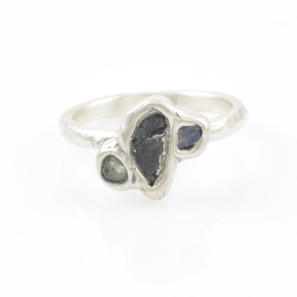 Meteorite Ring with Two Rough Sapphires in Palladium Sterling Silver - size 6.75 - Ready to Ship - Beth Cyr Handmade Jewelry