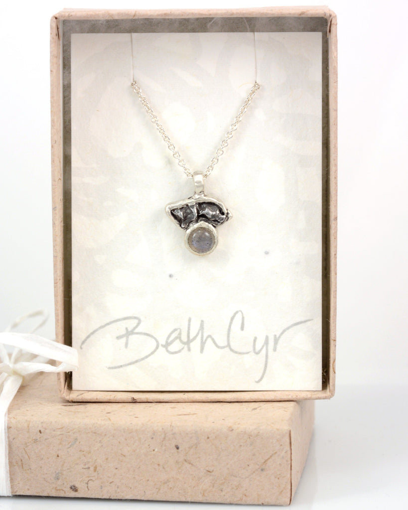 Meteorite Pendant with Labradorite in Sterling Silver - Ready to Ship - Beth Cyr Handmade Jewelry