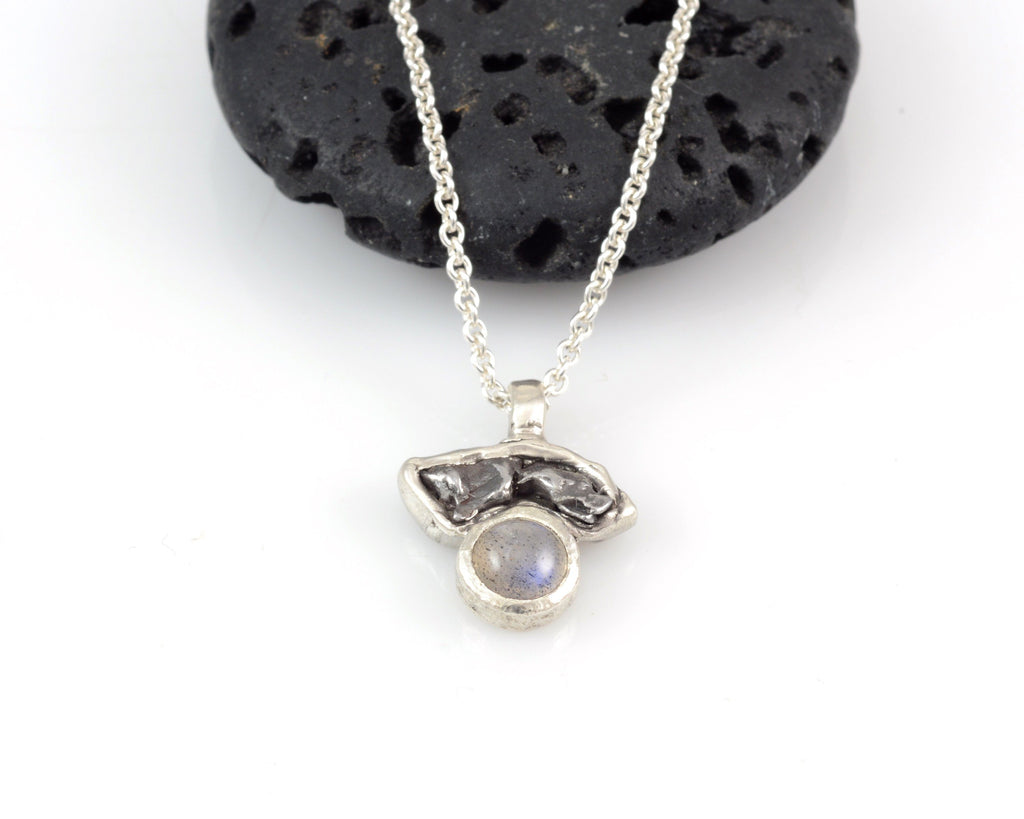 Meteorite Pendant with Labradorite in Sterling Silver - Ready to Ship - Beth Cyr Handmade Jewelry