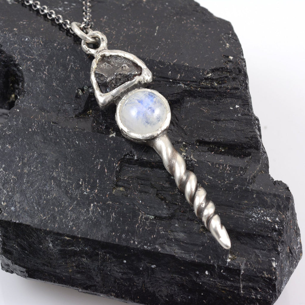 Meteorite Pendant with Rainbow Moonstone/White Labradorite and Spiral in Sterling Silver - Ready to Ship
