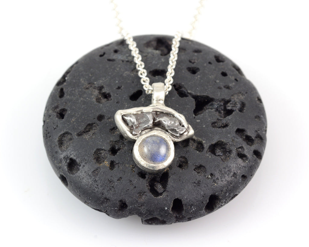 Meteorite Pendant with Labradorite in Sterling Silver - Ready to Ship - Beth Cyr Handmade Jewelry