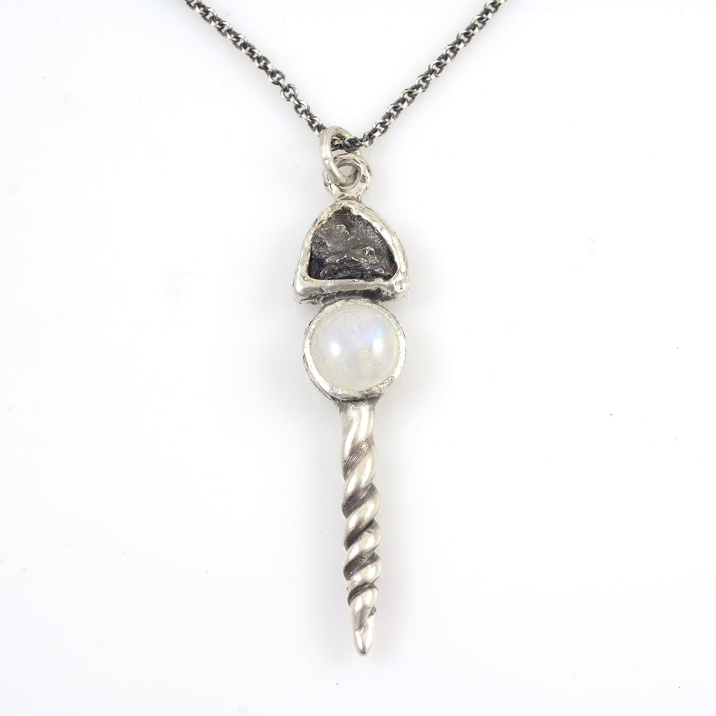 Meteorite Pendant with Rainbow Moonstone/White Labradorite and Spiral in Sterling Silver - Ready to Ship