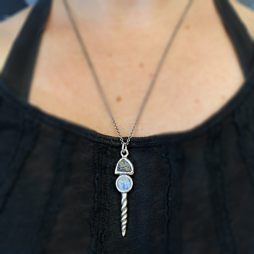 Meteorite Pendant with Rainbow Moonstone/White Labradorite and Spiral in Sterling Silver - Ready to Ship