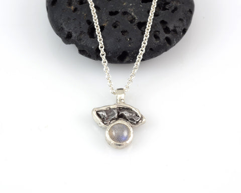 Meteorite Pendant with Labradorite in Sterling Silver - Ready to Ship - Beth Cyr Handmade Jewelry