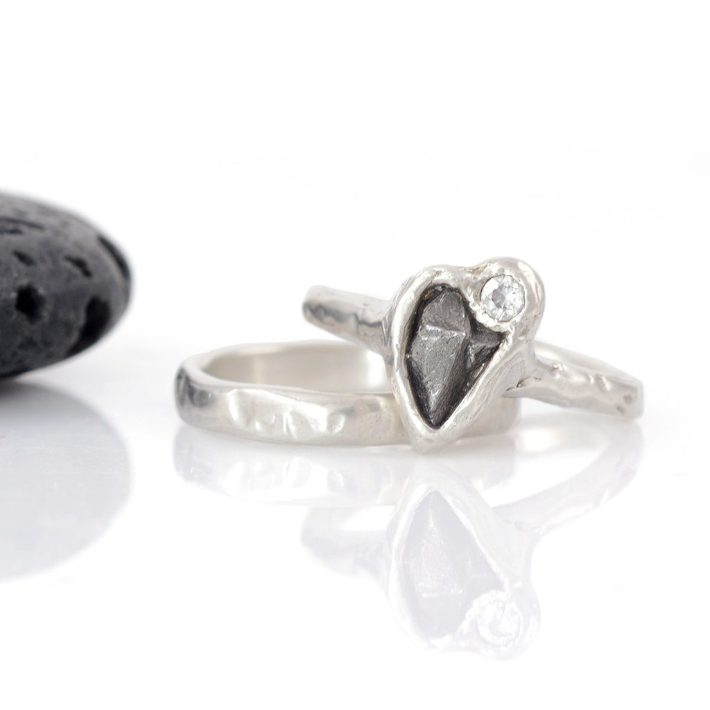 Meteorite and Moissanite Ring Set in Palladium Sterling Silver - size 6 1/4 - Ready to Ship - Beth Cyr Handmade Jewelry