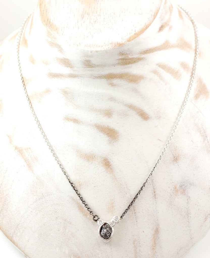 Asymmetrical Meteorite and Moissanite Necklace in Sterling Silver #16 - Ready to Ship - Beth Cyr Handmade Jewelry