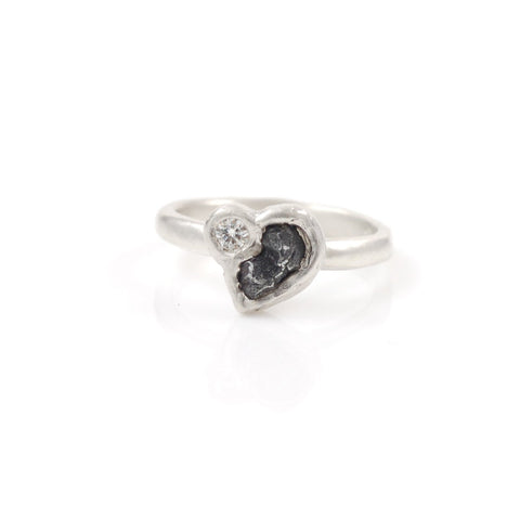 Meteorite Ring with Moissanite in Palladium Sterling Silver - size 5 - Ready to Ship - Beth Cyr Handmade Jewelry