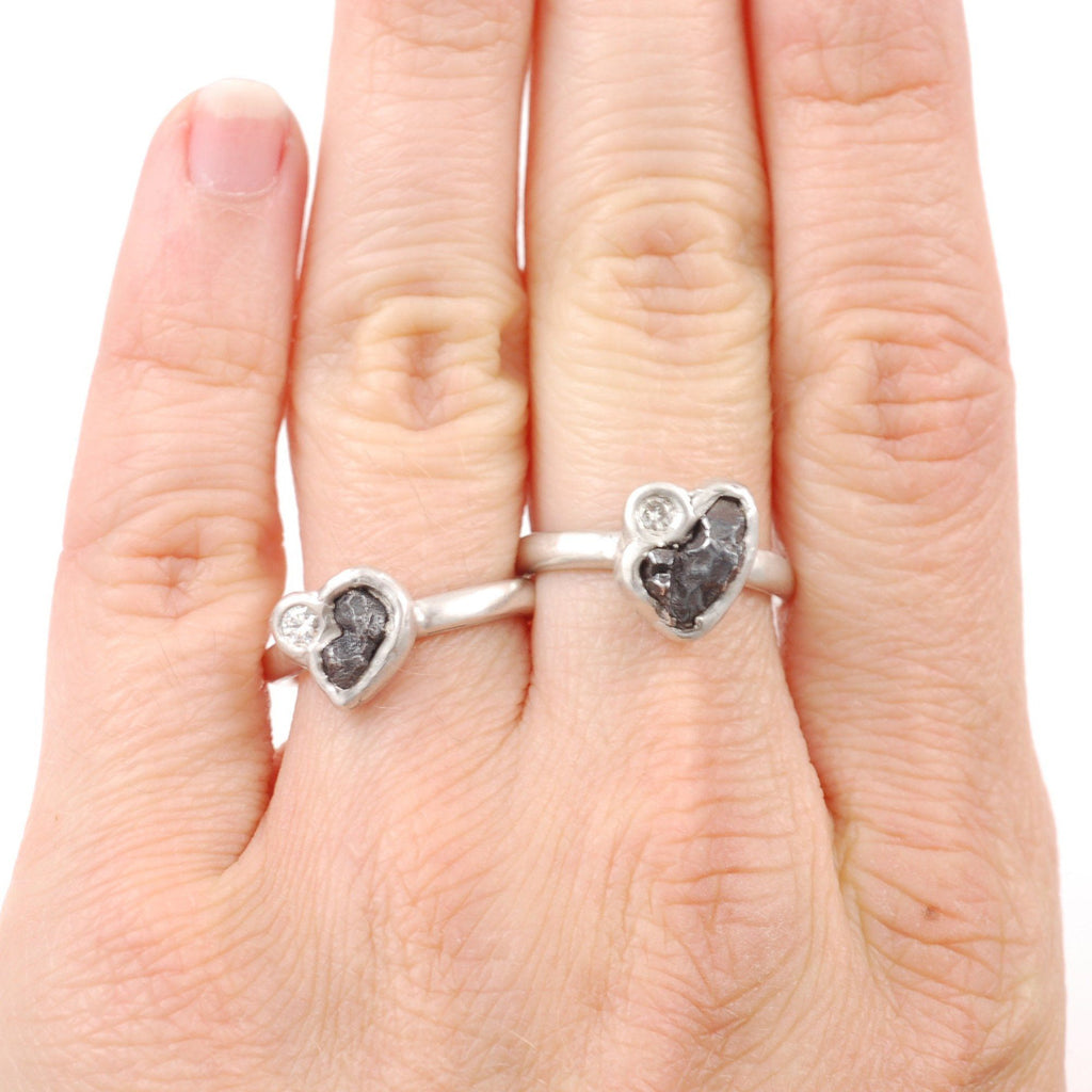 Meteorite Ring with Moissanite in Palladium Sterling Silver - size 6 7/8 - Ready to Ship - Beth Cyr Handmade Jewelry