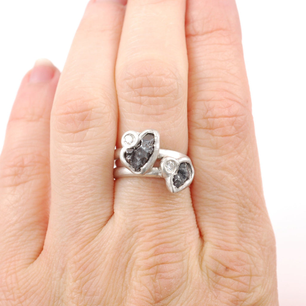 Meteorite Ring with Moissanite in Palladium Sterling Silver - size 5 - Ready to Ship - Beth Cyr Handmade Jewelry