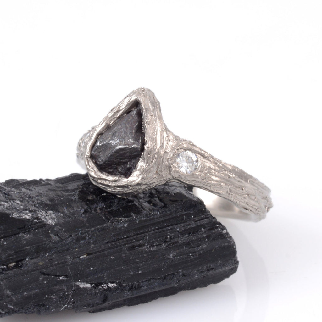Custom Meteorite Engagement Ring with moissanite in Palladium/Silver with Tree Bark Texture - size 4 - Made to Order - Beth Cyr Handmade Jewelry