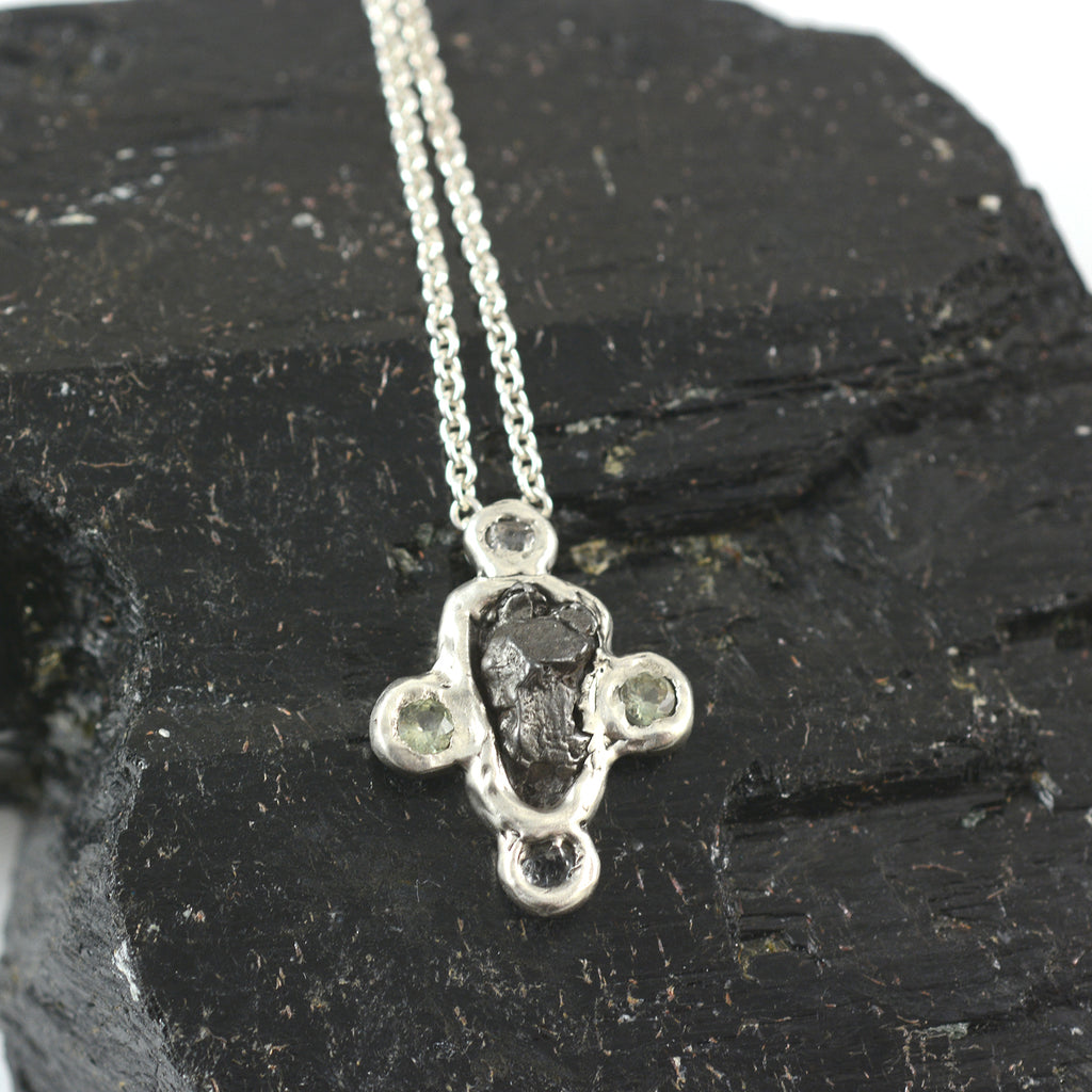 Meteorite and Sapphire Pendant in Sterling Silver - Ready to Ship