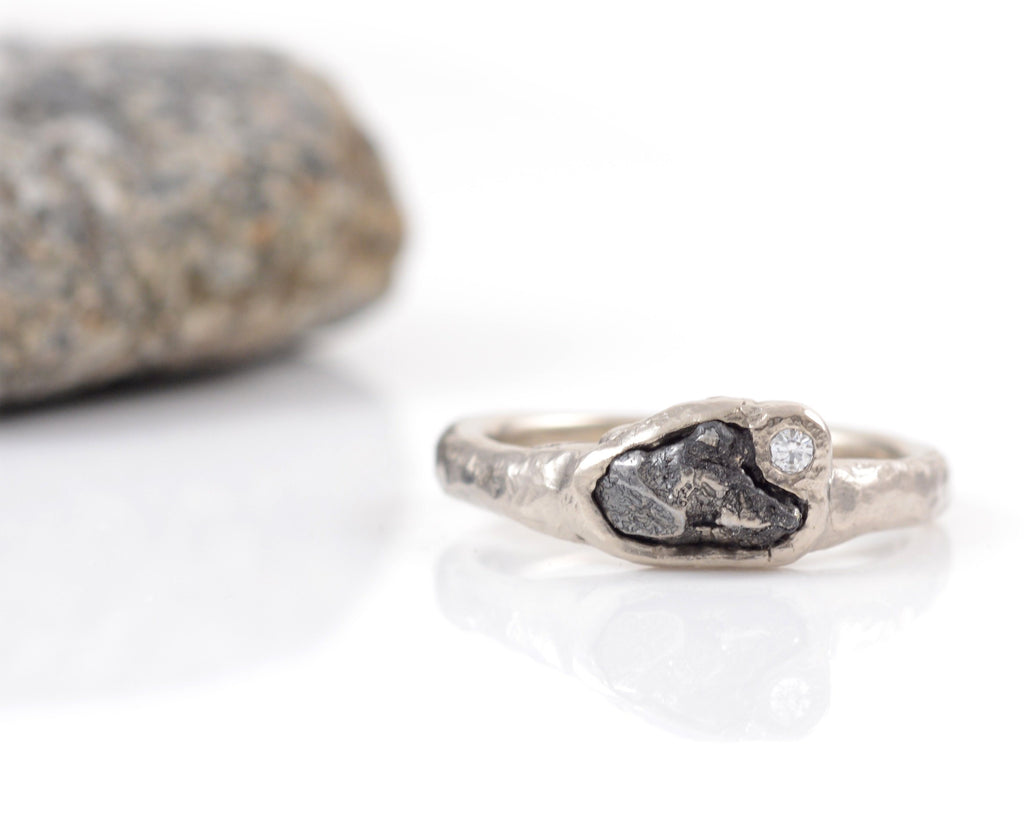 Custom Meteorite Engagement Ring with Moissanite in 14k Palladium White Gold - Final Payment - Beth Cyr Handmade Jewelry