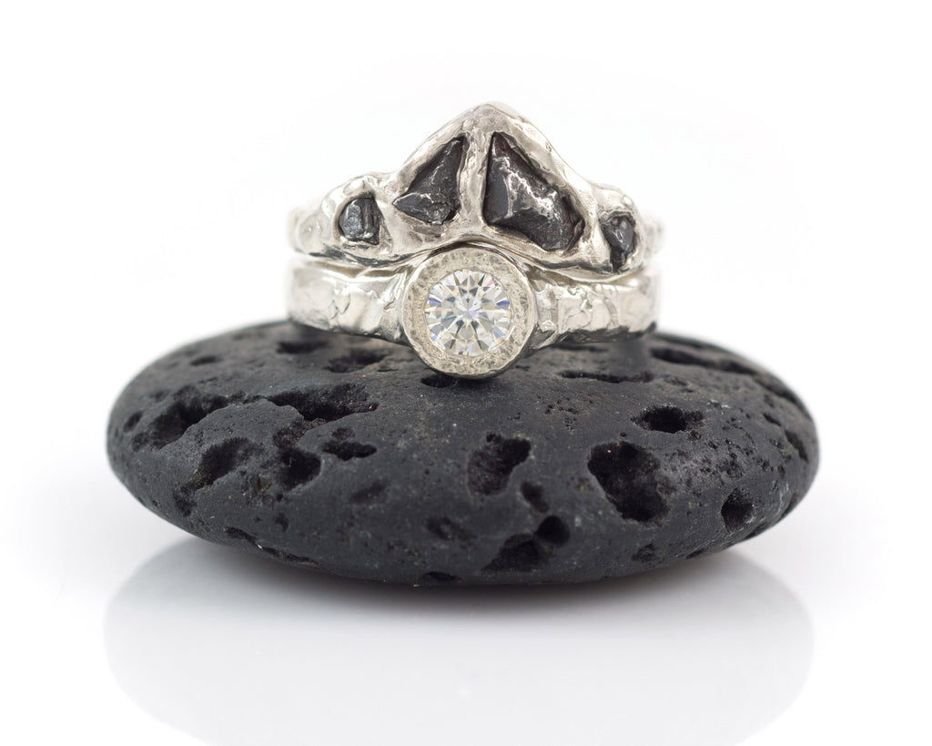 Meteorite Mosaic Ring with 5mm Moissanite in Palladium Sterling Silver - size 7.5 - Ready to Ship - Beth Cyr Handmade Jewelry