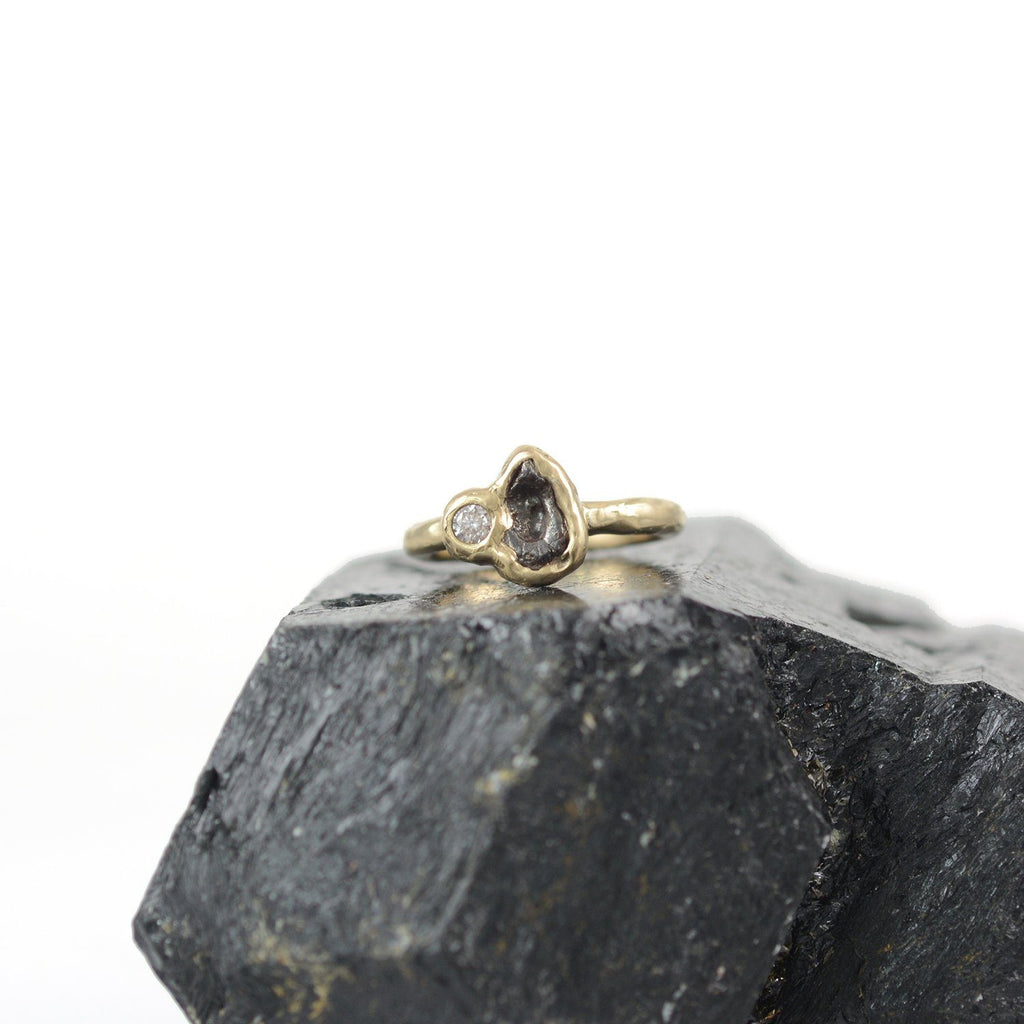 Meteorite Ring with Moissanite in 14k yellow gold - size 4 - Ready to Ship