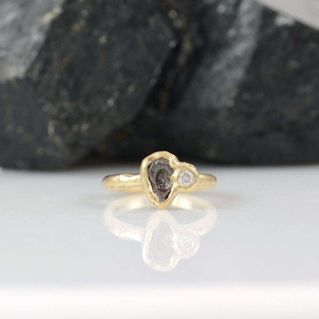 Meteorite Ring with Moissanite in 14k yellow gold - size 4 - Ready to Ship