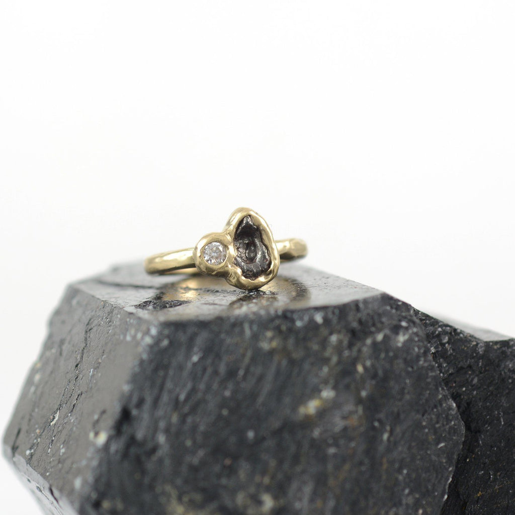 Meteorite Ring with Moissanite in 14k yellow gold - size 4 - Ready to Ship