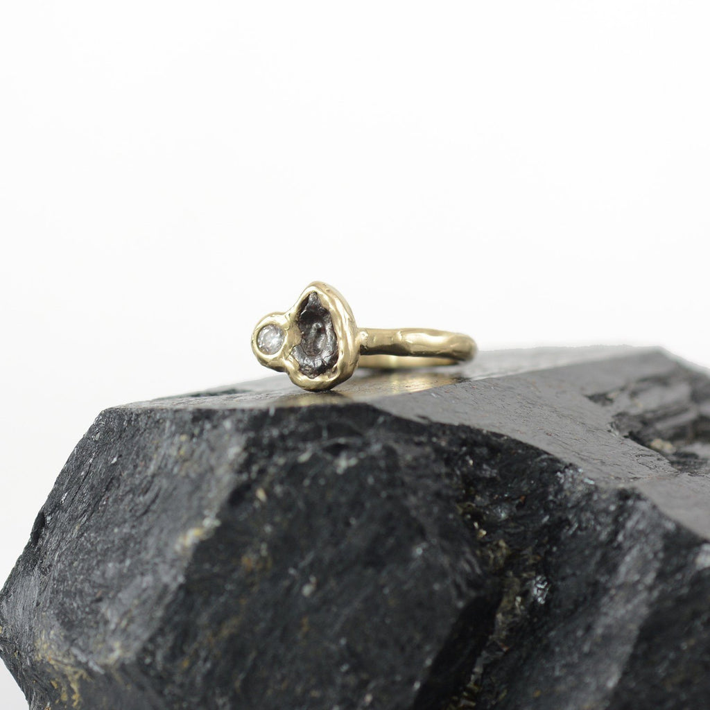 Meteorite Ring with Moissanite in 14k yellow gold - size 4 - Ready to Ship