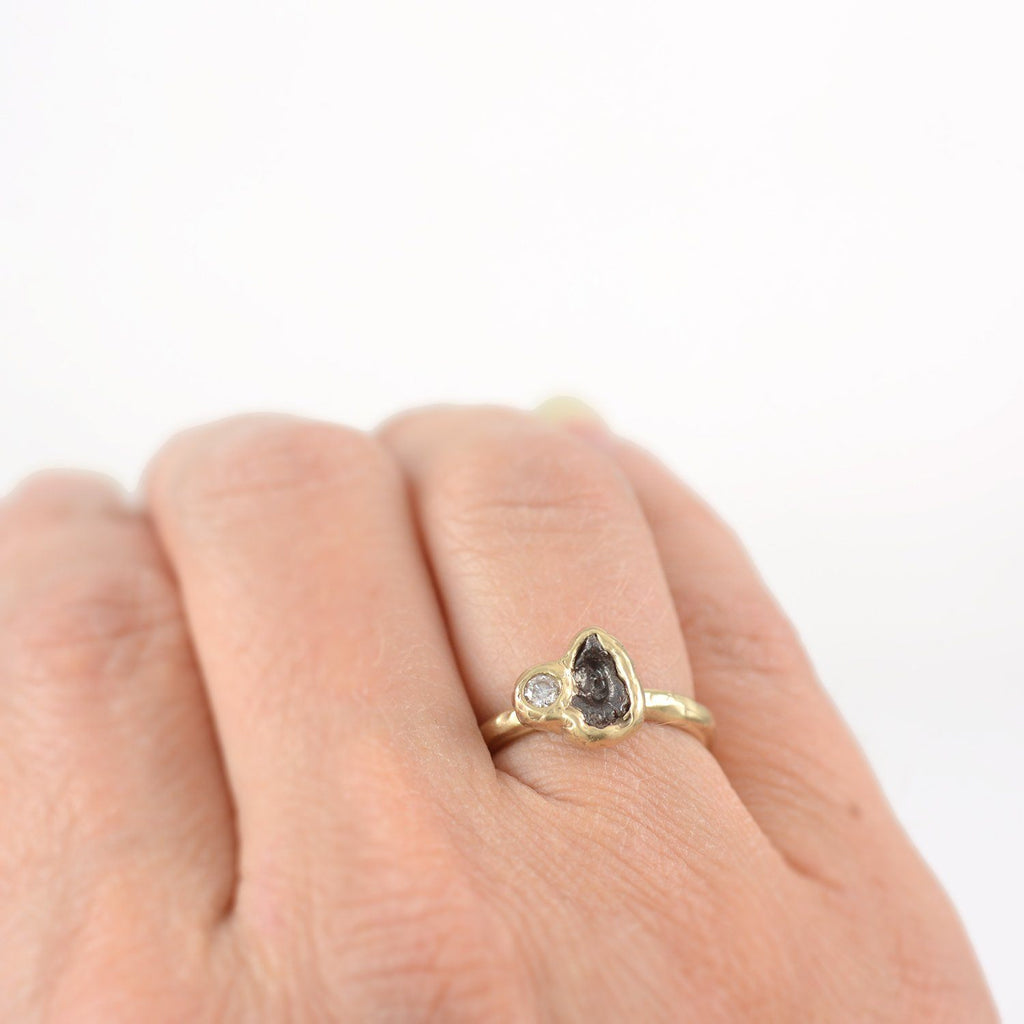 Meteorite Ring with Moissanite in 14k yellow gold - size 4 - Ready to Ship