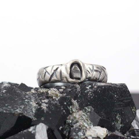 Marked Wide Band and Single Meteorite Ring in Palladium Sterling Silver - size 8 1/2 - Ready to Ship - Beth Cyr Handmade Jewelry