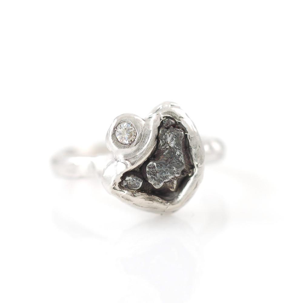 Meteorite Ring with Moissanite in Palladium Sterling Silver - size 4 - Ready to Ship - Beth Cyr Handmade Jewelry