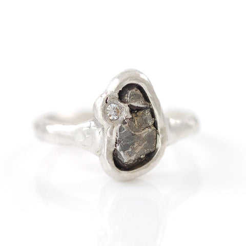 Meteorite Ring with Moissanite in Palladium Sterling Silver - size 6 1/2 - Ready to Ship - Beth Cyr Handmade Jewelry