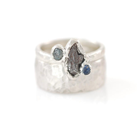 Custom Meteorite Ring with Two Rough Montana Sapphires in Palladium Sterling Silver - size 6 - Made to Order - Beth Cyr Handmade Jewelry