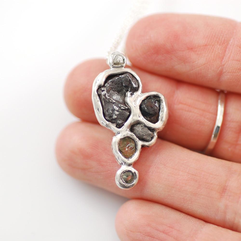 Supercluster Meteorite, Rough Diamond, and Sapphire Pendant in Sterling Silver #15 - Ready to Ship - Beth Cyr Handmade Jewelry