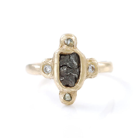Meteorite Ring with Rough Montana Sapphires and Moissanite in 14k Yellow Gold - size 6 7/8 - Ready to Ship - Beth Cyr Handmade Jewelry