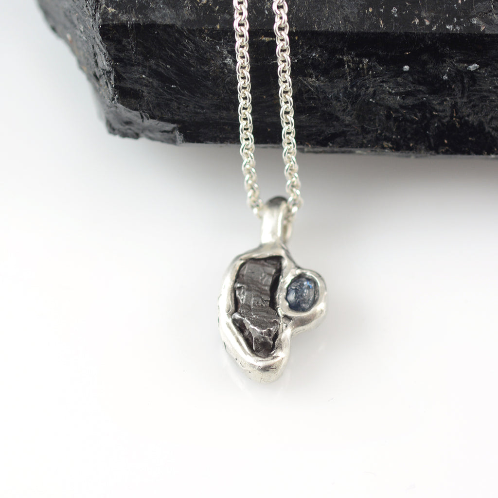 Meteorite and Rough Montana Sapphire Pendant in Sterling Silver - Ready to Ship