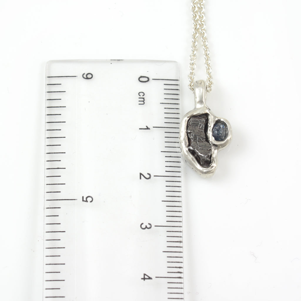 Meteorite and Rough Montana Sapphire Pendant in Sterling Silver - Ready to Ship