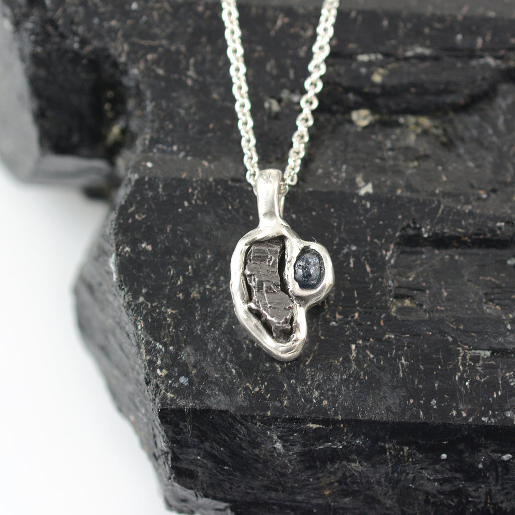 Meteorite and Rough Montana Sapphire Pendant in Sterling Silver - Ready to Ship